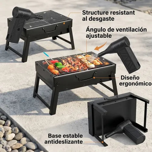 Kit Parrilla Plegable Portátil Soplador Encendedor De Fuego Negro - Parrilla Plegable Portátil Parrilla Acero Inoxidable Parrilla Para Carbón Parrilla Camping Parrilla
