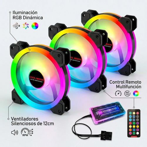 Kit 3 Ventilador Fan Cooler Cpu Led Rgb 12cm Control Remoto Negro