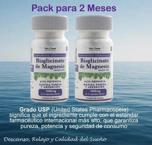 Bisglicinato De Magnesio Grado Usp 1200 Mg Vital & Young 60 Cápsulas. Pack 2 Frascos. Para 2 Meses De Consumo Sin Sabor