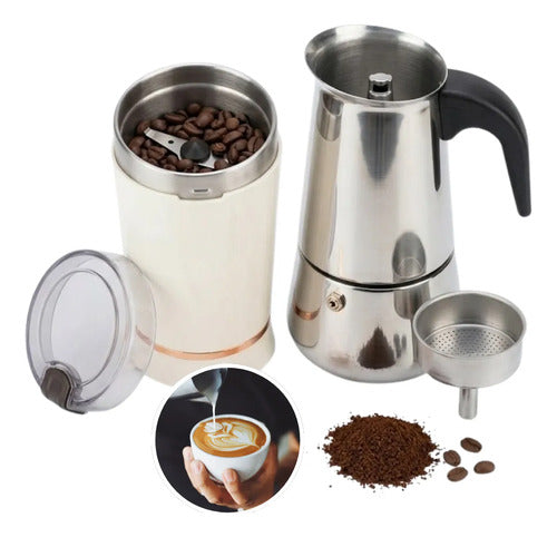 Molino Moledor Cafe Electrico + Cafetera Italiana 6 Tazas Café De Especialidad Set De Café Diseño Premium Combo Cafetera Y Molinillo Set Cafetera Italiana Y Moledor
