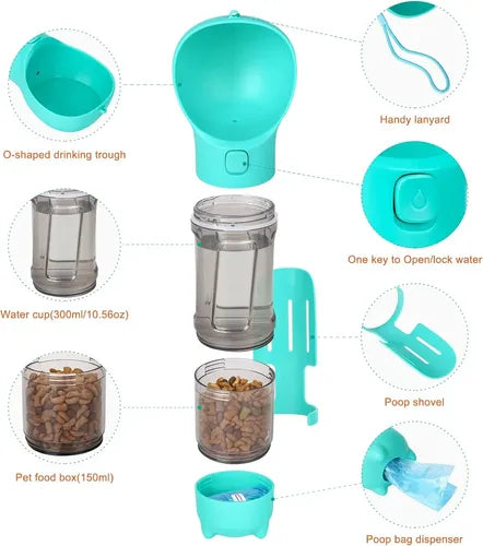 Botella Dispensador Recogedor 3 En 1 Agua Comida Mascotas Azul