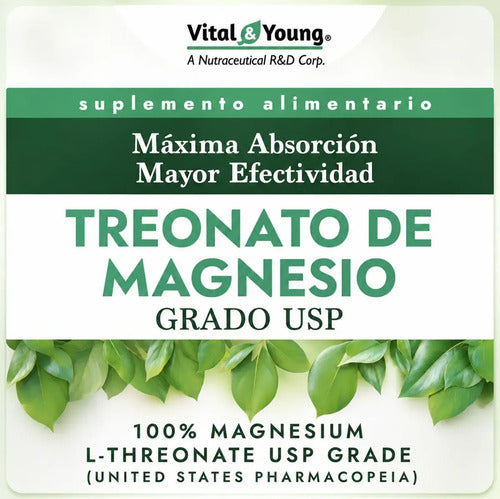 Treonato De Magnesio Grado Usp Y Ph Neutro. Frasco 90 Cáps. Vital & Young. Entrega 1.215 Mg Porción Diaria Sin Sabor