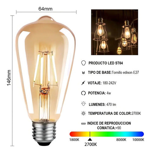 Ampolletas Vintage E27 Filamento 4w Luz Calida 2700k Blanco Cálido
