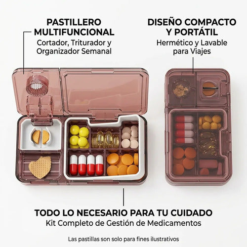 Pastillero Diario Hermético Cortador Triturador Organizador Negro
