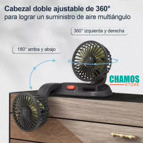 Ventilador Para Auto Usb Doble Cabezal Giratorio 360 Grados Negro
