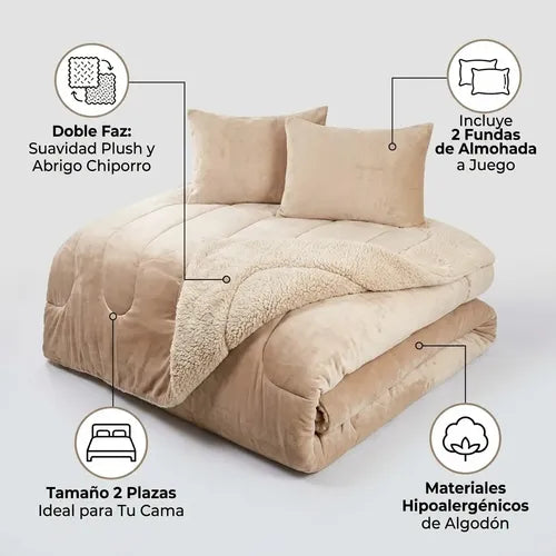 Cobertor Cubrecama Sherpa Chiporro Peludo Invierno 2.5 Plaza Beige Liso