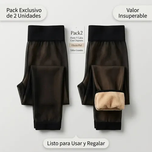 Panty Calza Invierno Chiporro Efecto Piel Talla Grande X2 Negro Lisa Xxl