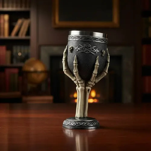 Copa Gótica Para Vino Vaso De Diseño De Mano De Esqueleto Negro Con Dorado