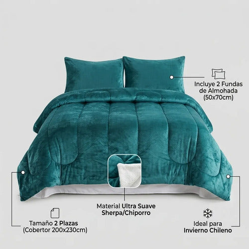 Cobertor Cubrecama Sherpa Chiporro Peludo Invierno 2.5 Plaza Verde Liso