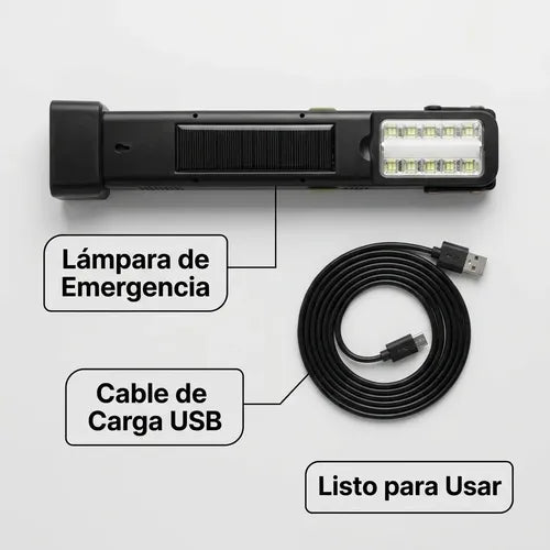 Luz Emergencia Recargable Panel Solar + Batería Portatil Negro