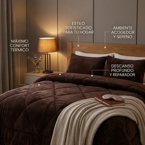 Cobertor Cubrecama Sherpa Chiporro Peludo Invierno 2.5 Plaza Marrón Liso