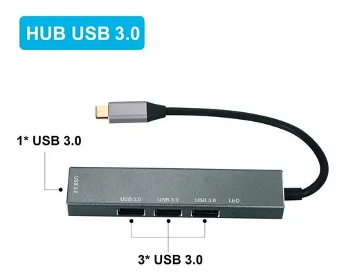 Hub Usb Tipo C 3.0 4 Puertos Usb 3.0 Metalico De Aluminio Gris Plata
