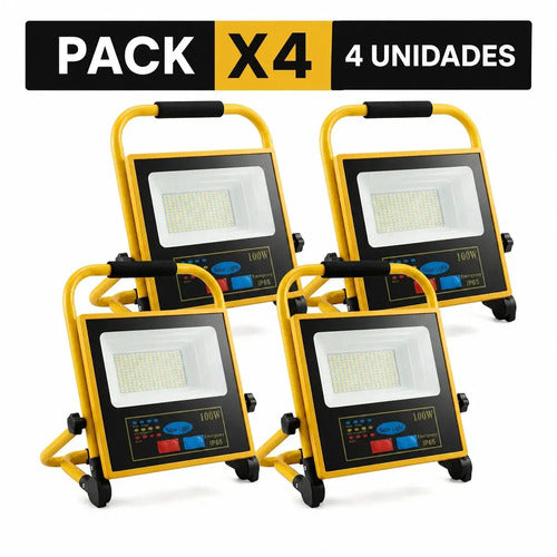 Pack De 4 Focos Solares Led De 100w, Recargables Y Portátiles, Ip66 Para Exterior Amarillo Blanco Cálido