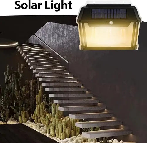 Farol Aplique Solar Triple Ampolleta Sensor De Movimiento Negro