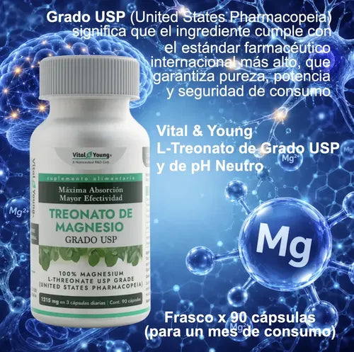 Treonato De Magnesio Grado Usp Y Ph Neutro. Frasco 90 Cáps. Vital & Young. Entrega 1.215 Mg Porción Diaria Sin Sabor