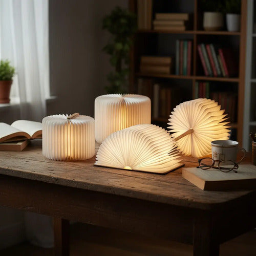 Lámpara De Mesa Libro Madera Plegable Portátil 3d Recargable Madera Beige