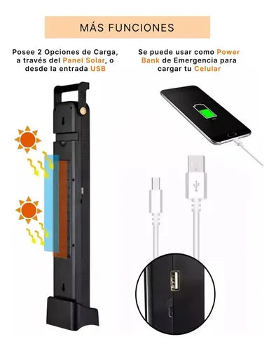 Luz De Emergencia Solar 39 Led + Tubo Led + Power Bank Negro
