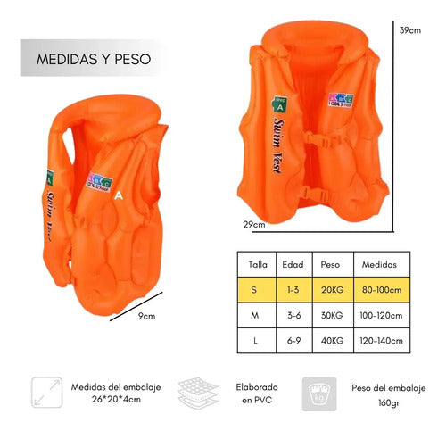 Chaleco Salvavidas Niños Flotador Inflable Seguridad Naranja Claro S