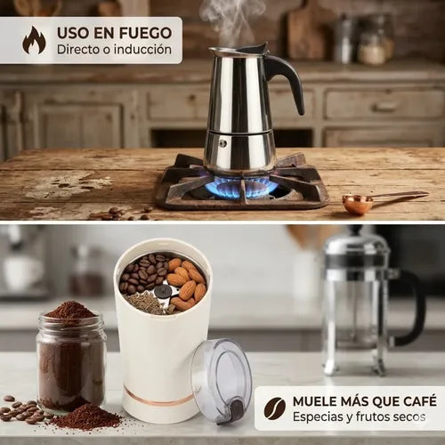 Molino Moledor Cafe Electrico + Cafetera Italiana 6 Tazas Café De Especialidad Set De Café Diseño Premium Combo Cafetera Y Molinillo Set Cafetera Italiana Y Moledor