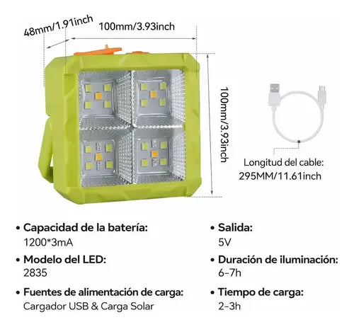 Mini Lampara Emergencia Solar Portátil Recargable 100w Usb Verde Claro