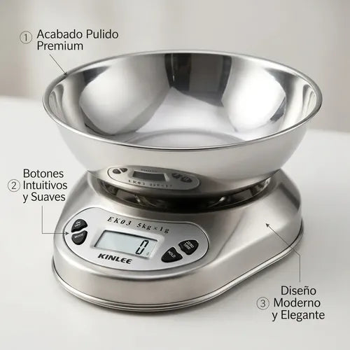 Pesa Cocina Acero Inoxidable 5kg 1gr Con Bowl 5 Kg Plateado 5 Kg