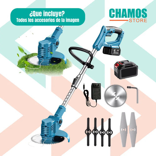 Cortadora De Césped Pasto Inalámbrica 2 Baterías Accesorios Azul