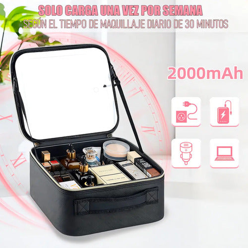 Cosmetiquero Con Espejo Y Luz Led Para Maquillaje, De Negro