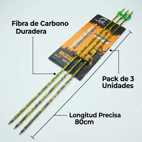 Pack 3 Flechas Fibra De Carbono 80cm Camufladas Punta Inox Verde