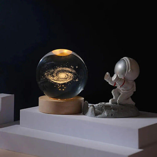Lampara Mesa De Noche Bola De Cristal Planetaria Imagen 3d Madera