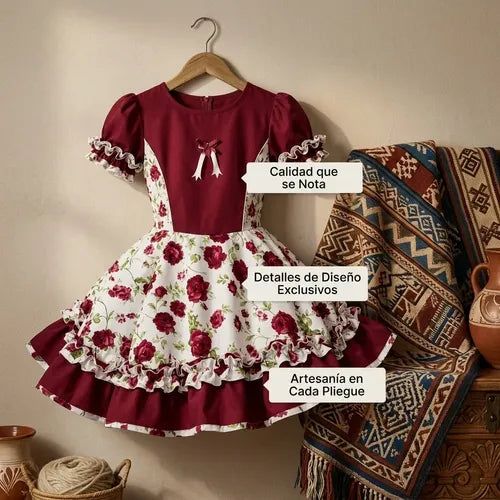 Vestido Huasa Chinita Cueca Burdeo Floreado Fiestas Patrias Burdeo Floreado M
