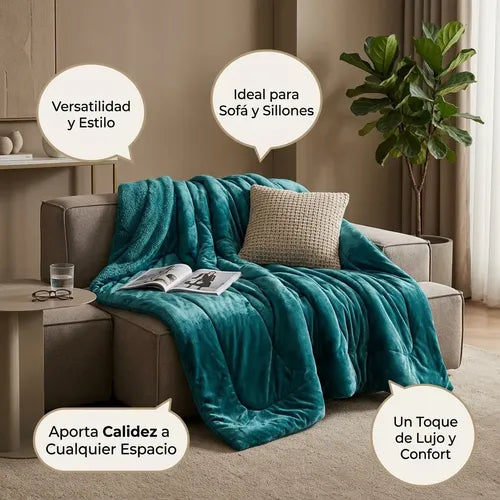 Cobertor Cubrecama Sherpa Chiporro Peludo Invierno 2.5 Plaza Verde Liso