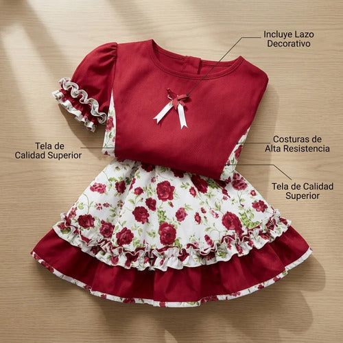 Vestido Huasa Chinita Cueca Burdeo Floreado Fiestas Patrias Burdeo Floreado 7-9