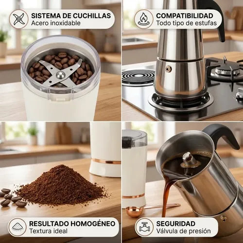 Molino Moledor Cafe Electrico + Cafetera Italiana 6 Tazas Café De Especialidad Set De Café Diseño Premium Combo Cafetera Y Molinillo Set Cafetera Italiana Y Moledor