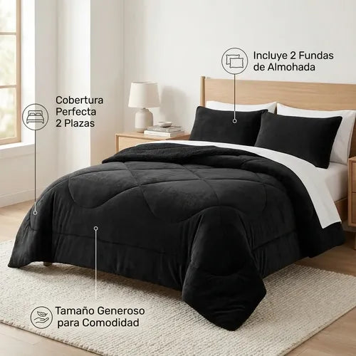 Cobertor Cubrecama Sherpa Chiporro Peludo Invierno 2.5 Plaza Negro Liso