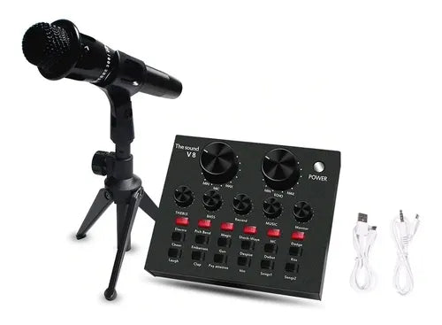 Microfono Con Tarjeta De Sonido V8 Bluetooth Y Audifonos Negro