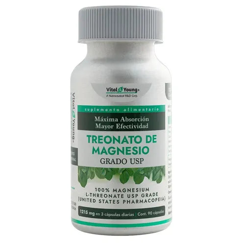 Treonato De Magnesio Grado Usp Y Ph Neutro. Frasco 90 Cáps. Vital & Young. Entrega 1.215 Mg Porción Diaria Sin Sabor
