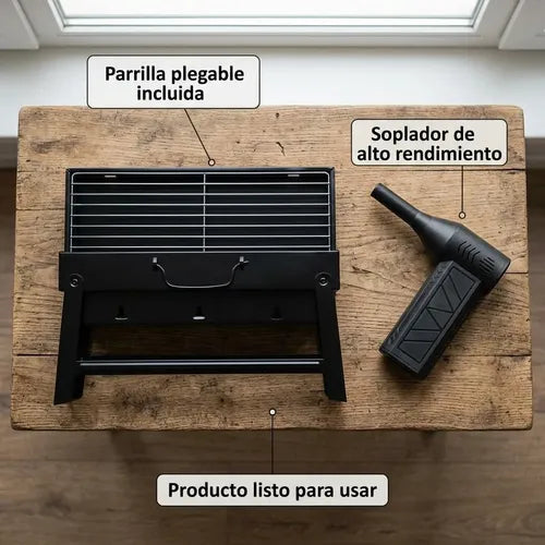 Kit Parrilla Plegable Portátil Soplador Encendedor De Fuego Negro - Parrilla Plegable Portátil Parrilla Acero Inoxidable Parrilla Para Carbón Parrilla Camping Parrilla