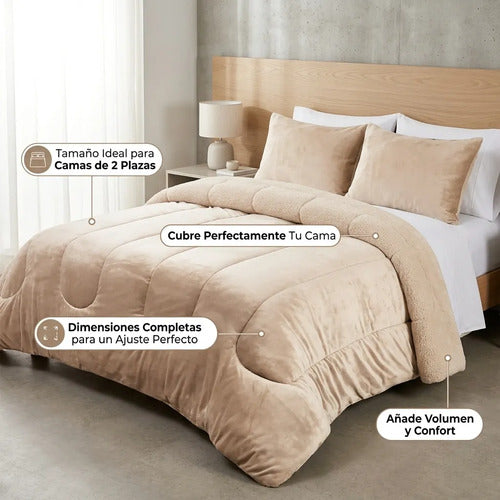 Cobertor Cubrecama Sherpa Chiporro Peludo Invierno 2.5 Plaza Beige Liso
