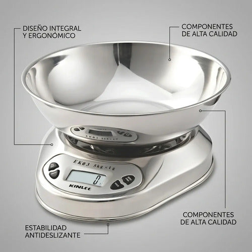 Pesa Cocina Acero Inoxidable 5kg 1gr Con Bowl 5 Kg Plateado 5 Kg