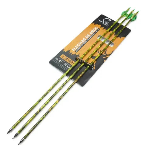 Pack 3 Flechas Fibra De Carbono 80cm Camufladas Punta Inox Verde